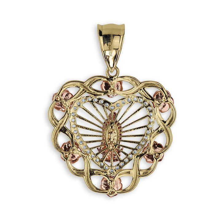 10k & 14k Gold Virgin Mary Guadalupe Bloom Rose Two-Tone Heart Pendant