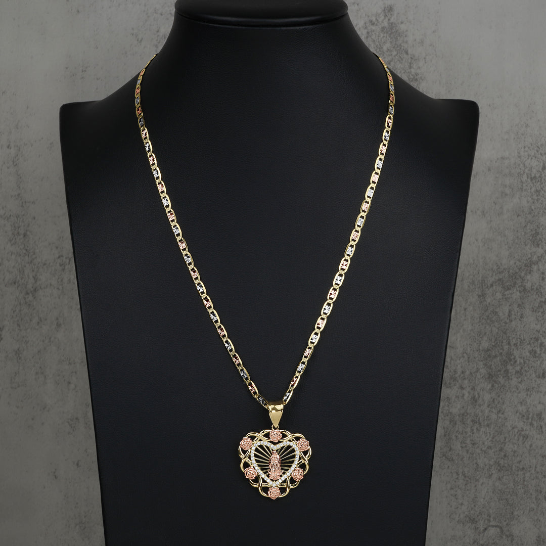 10k & 14k Gold Virgin Mary Guadalupe Bloom Rose Two-Tone Heart Pendant