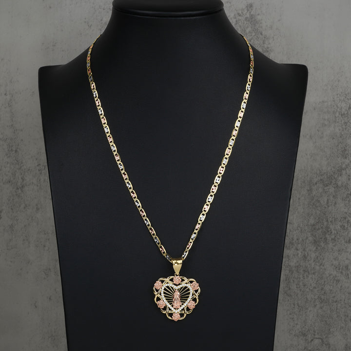 10k & 14k Gold Virgin Mary Guadalupe Bloom Rose Two-Tone Heart Pendant