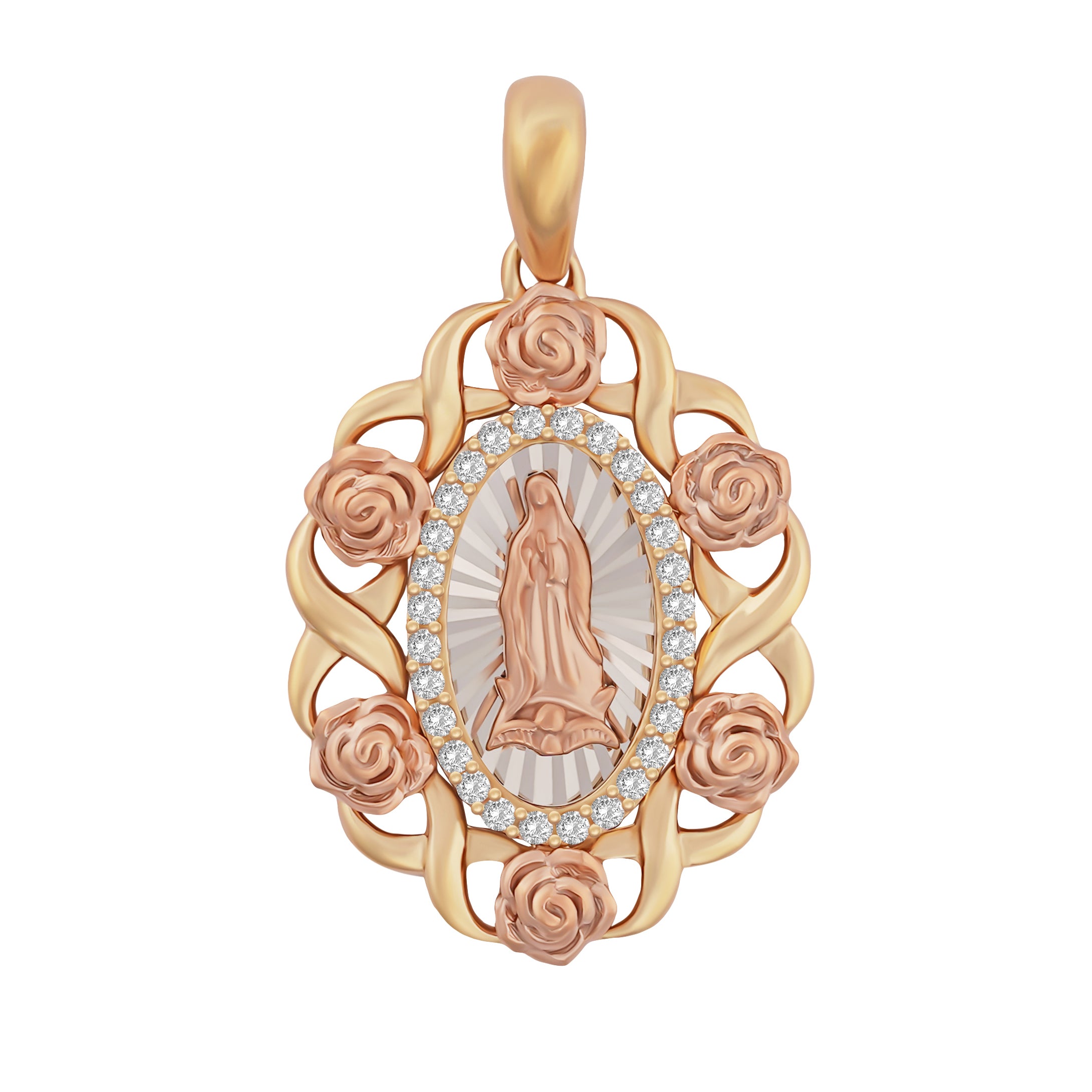 14k Gold Virgin Mary Necklace - Tri Tone Heart Gemstone Virgin Mary Gold Pendant - Solid Chain - LE1127