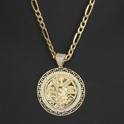 14k Gold Centenario Greek Key Bezel Round CZ Pendant