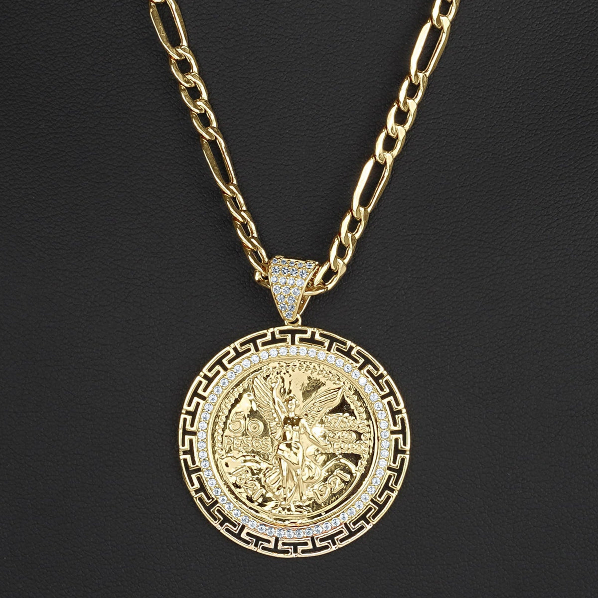 14k Gold Centenario Greek Key Bezel Round CZ Pendant