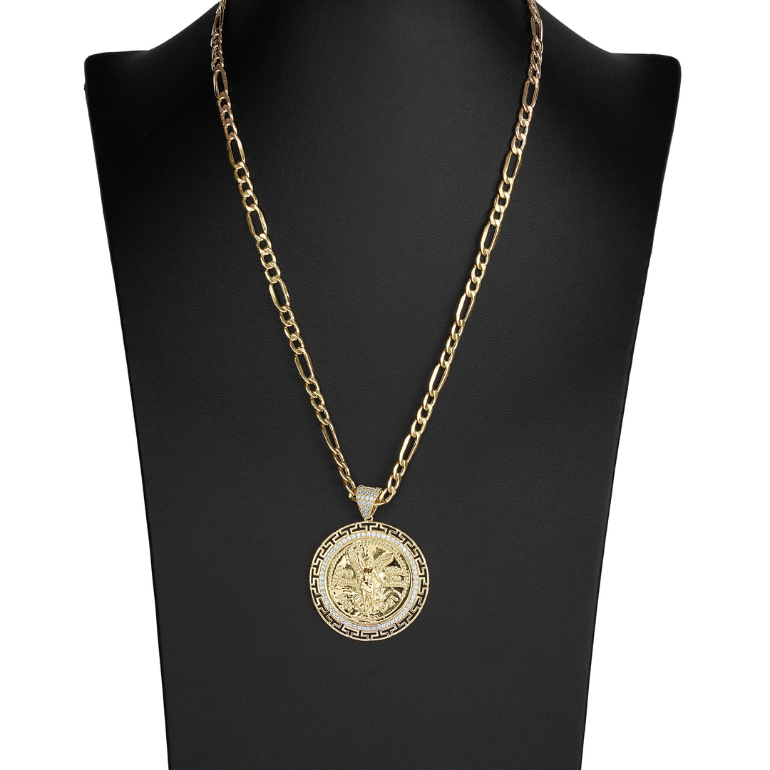14k Gold Centenario Greek Key Bezel Round CZ Pendant