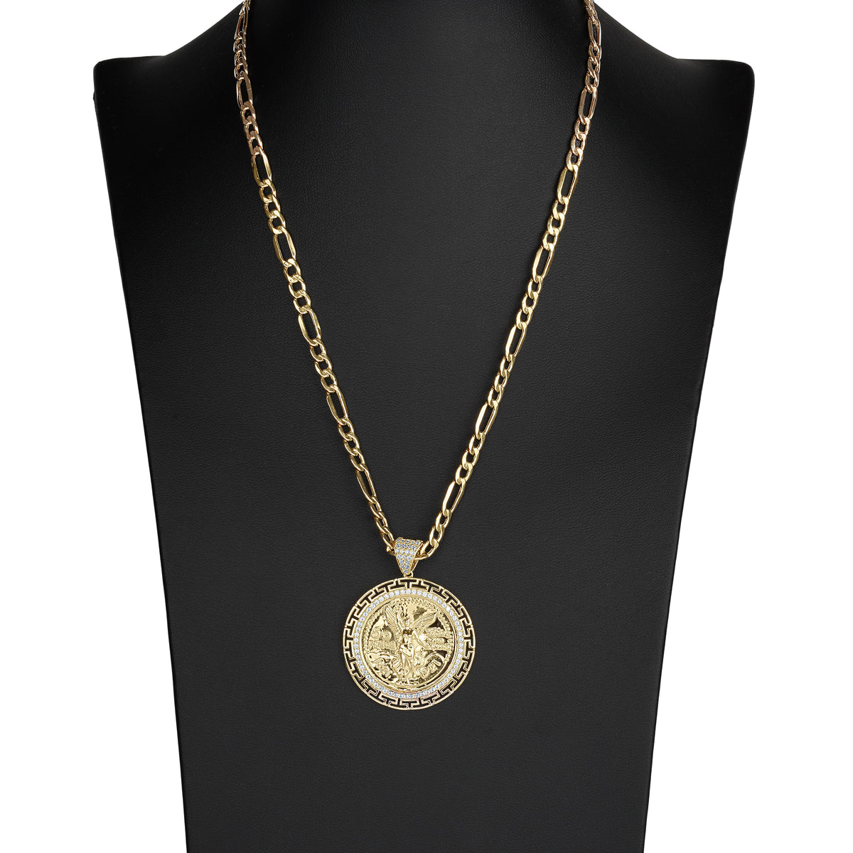 14k Gold Centenario Greek Key Bezel Round CZ Pendant