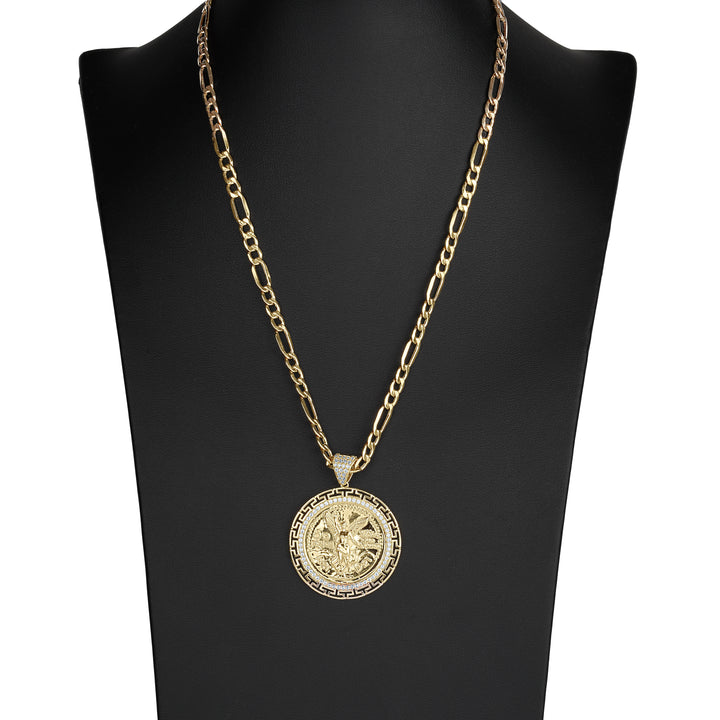 14k Gold Centenario Greek Key Bezel Round CZ Pendant