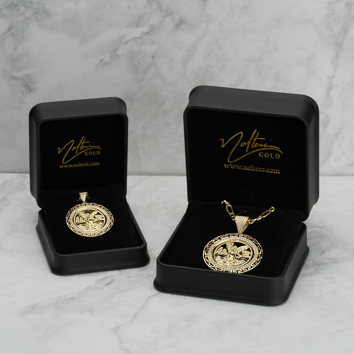 14k Gold Centenario Greek Key Bezel Round CZ Pendant