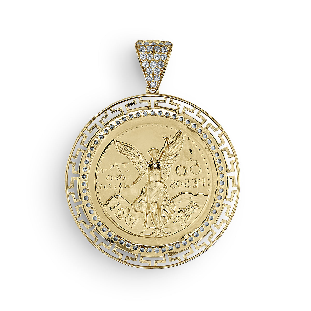14k Gold Centenario Greek Key Bezel Round CZ Pendant