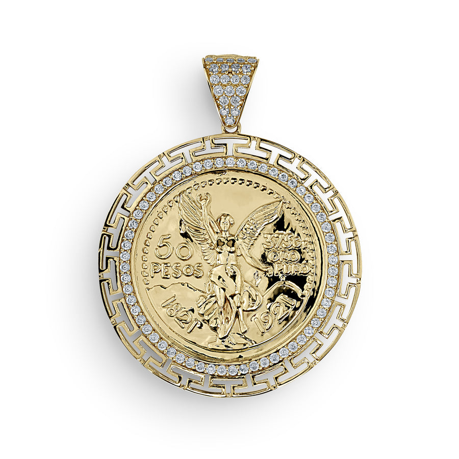 14k Gold Centenario Greek Key Bezel Round CZ Pendant