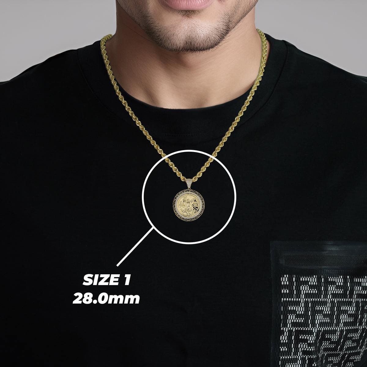14k Gold Centenario Greek Key Bezel Round CZ Pendant
