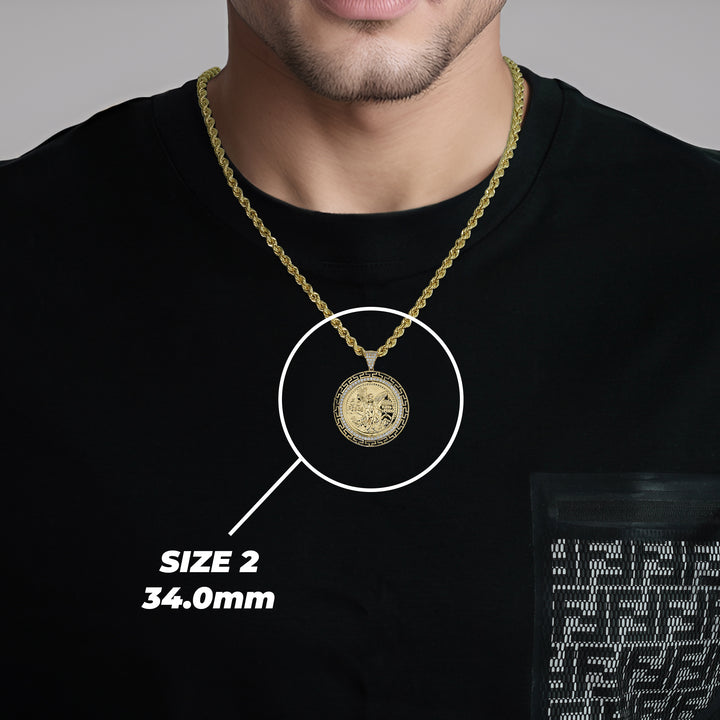 14k Gold Centenario Greek Key Bezel Round CZ Pendant