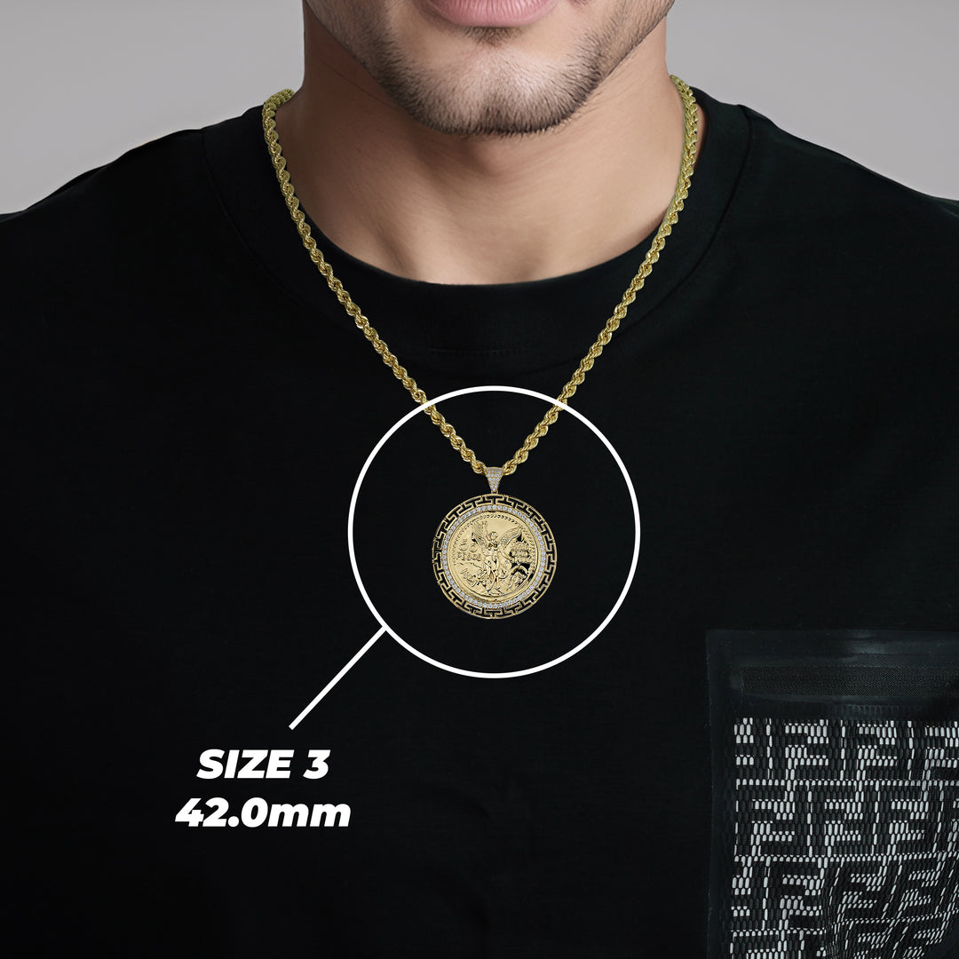 14k Gold Centenario Greek Key Bezel Round CZ Pendant
