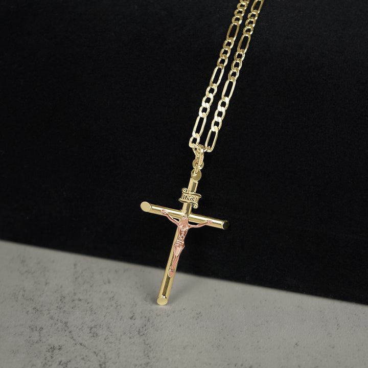 10k & 14k Gold Classic INRI Two-Tone Crucifix Cross Pendant (Rose Gold)