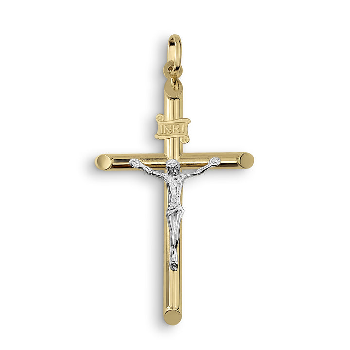 10k & 14k Gold Classic INRI Two-Tone Crucifix Cross Pendant Necklace (White Gold)