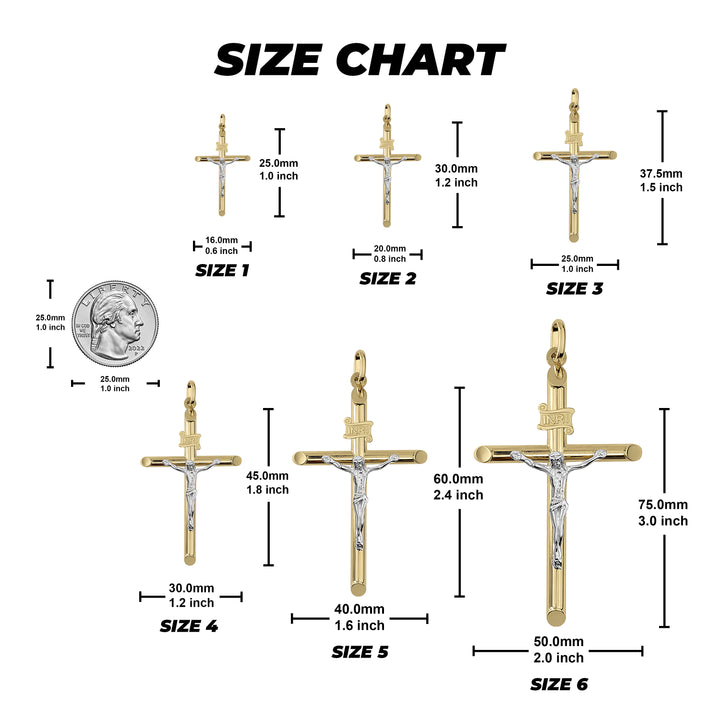 10k & 14k Gold Classic INRI Two-Tone Crucifix Cross Pendant Necklace (White Gold)