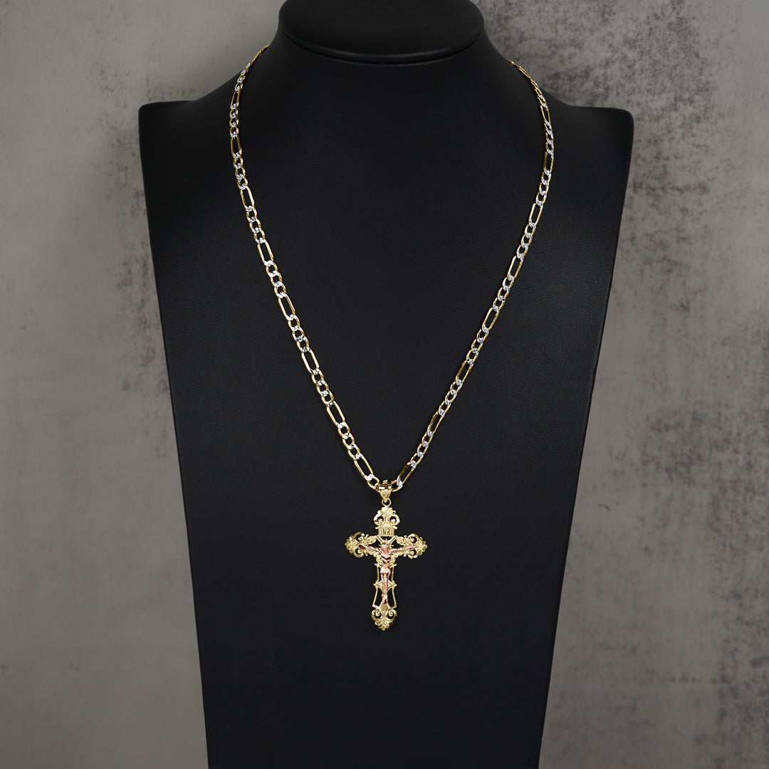 10k & 14k Gold INRI Two-Tone Luxe Crucifix Pendant Necklace (Rose Gold)