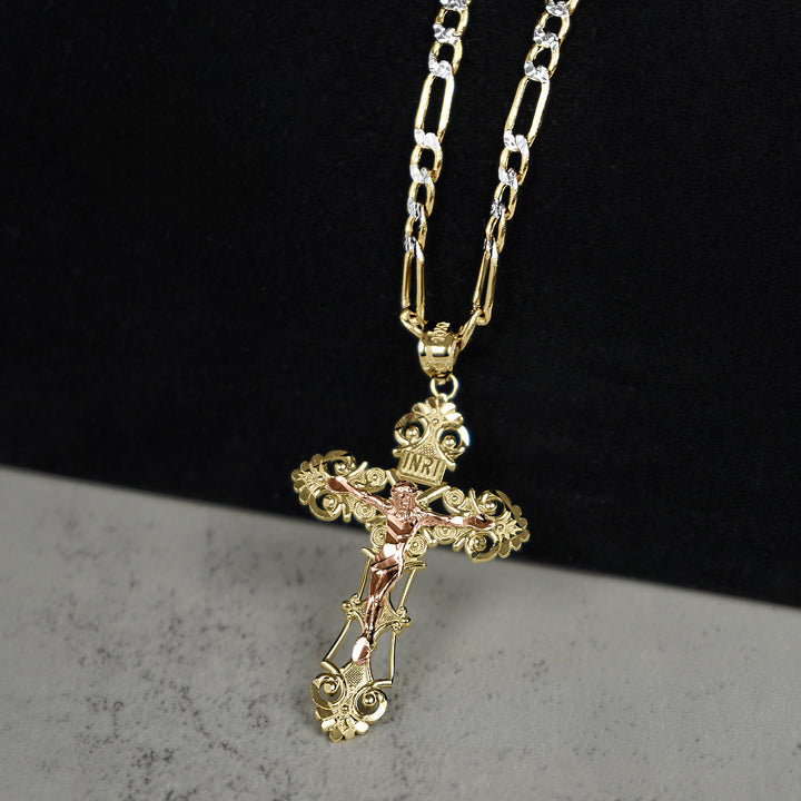 10k & 14k Gold INRI Two-Tone Luxe Crucifix Pendant Necklace (Rose Gold)