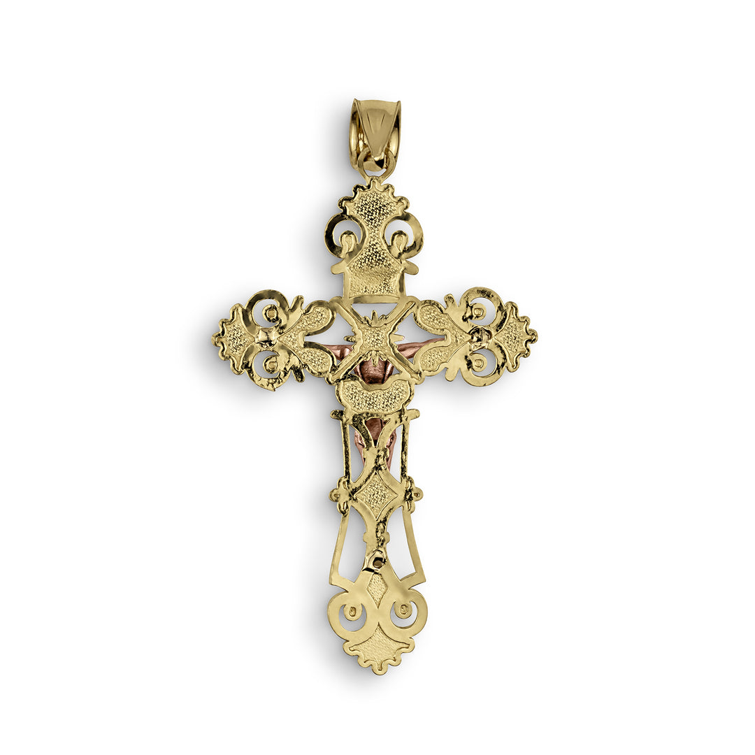 10k & 14k Gold INRI Two-Tone Luxe Crucifix Pendant Necklace (Rose Gold)