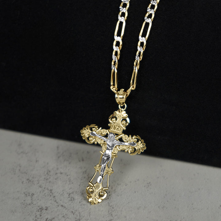 10k & 14k Gold INRI Two-Tone Luxe Crucifix Pendant Necklace (White Gold)