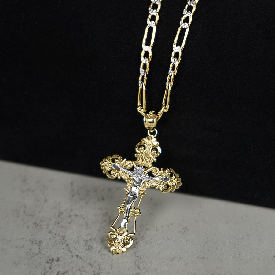 10k & 14k Gold INRI Two-Tone Luxe Crucifix Pendant Necklace (White Gold)
