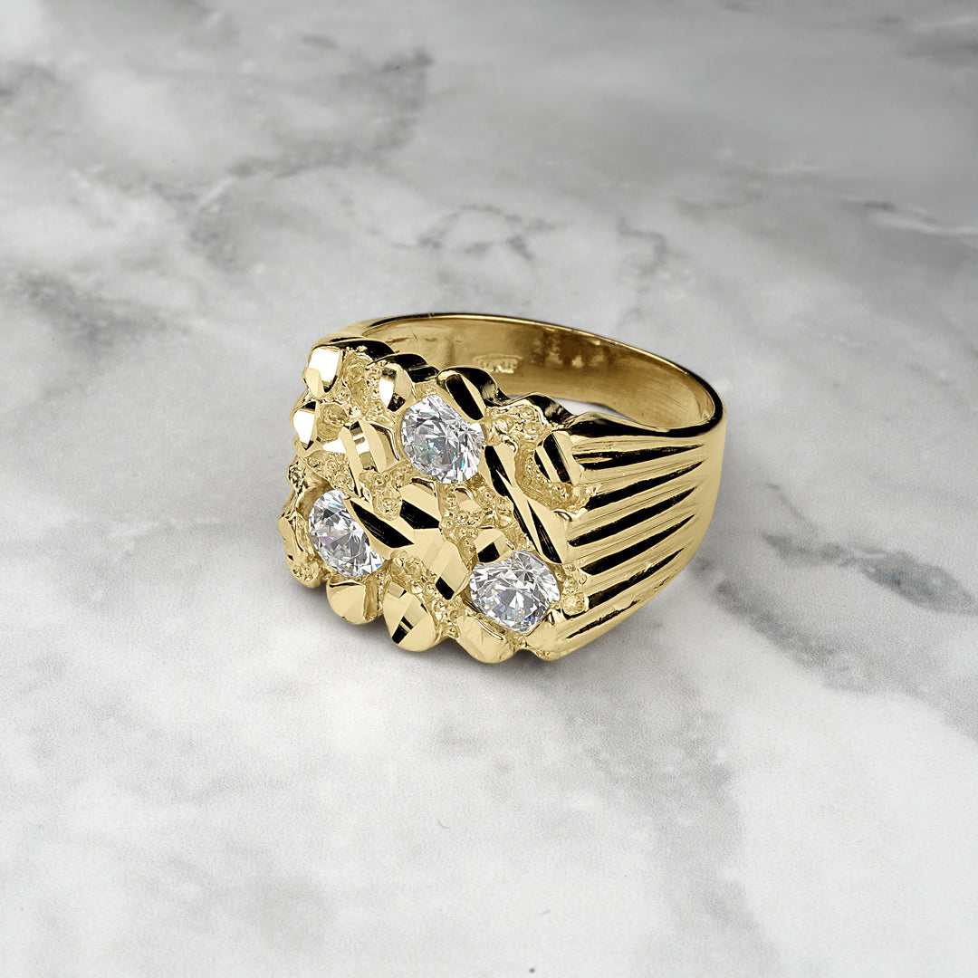 10k & 14k Gold Classic Nugget Square Tri CZ Ring