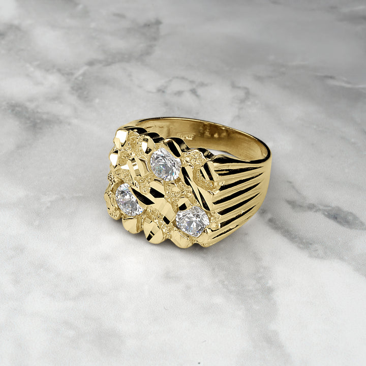 10k & 14k Gold Classic Nugget Square Tri CZ Ring