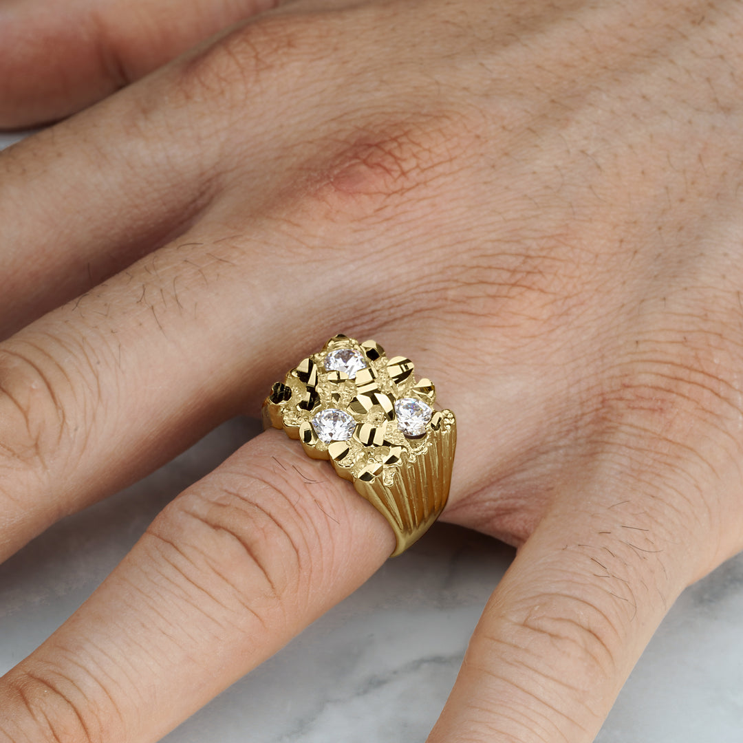 10k & 14k Gold Classic Nugget Square Tri CZ Ring