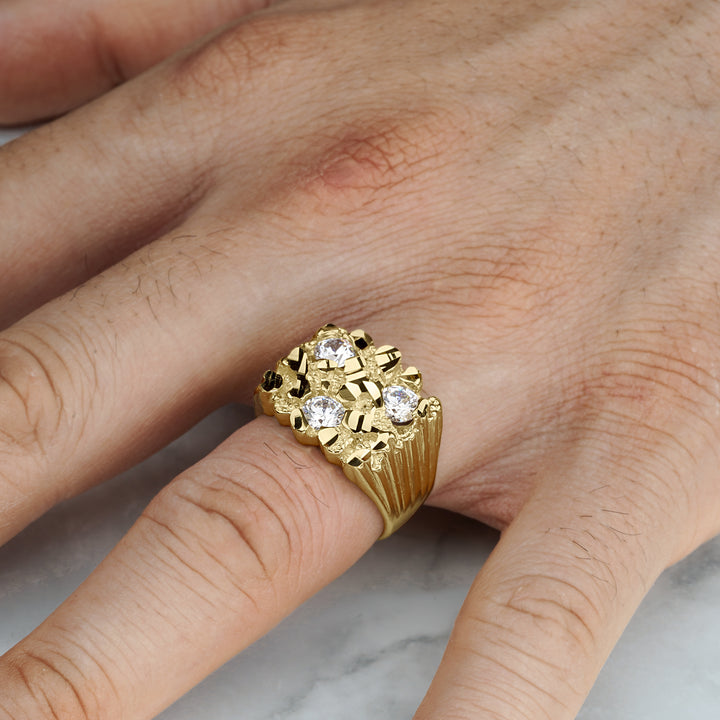 10k & 14k Gold Classic Nugget Square Tri CZ Ring