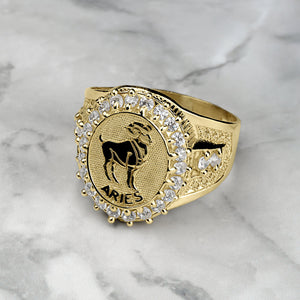 10k & 14k Gold Twelve Zodiac Constellation Signet CZ Men Ring