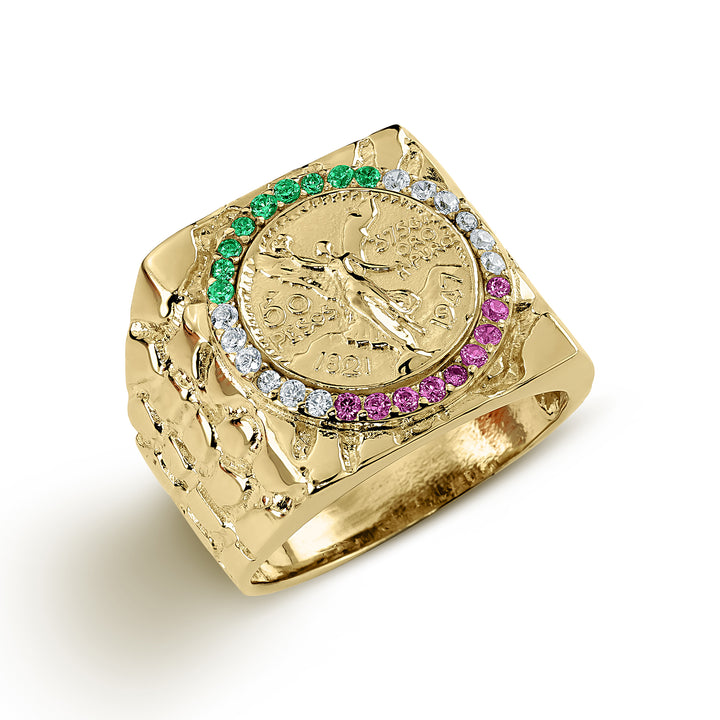 10k & 14k Gold Centenario 50 Pesos Square Colored CZ Ring