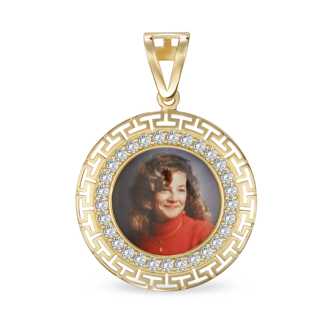 10k & 14k Gold Memorial Picture Greek Key CZ Round Pendant