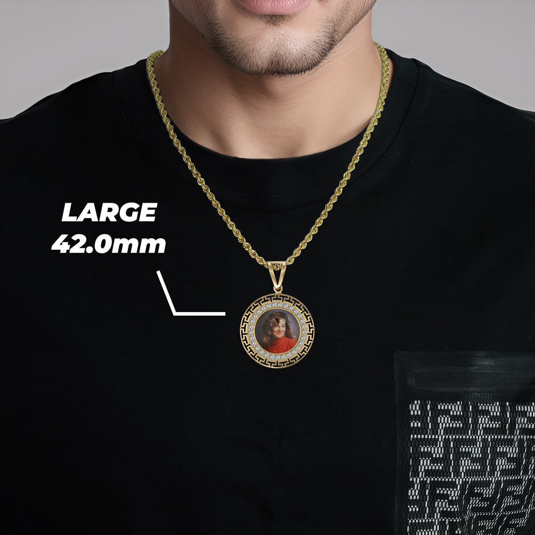 10k & 14k Gold Memorial Picture Greek Key CZ Round Pendant