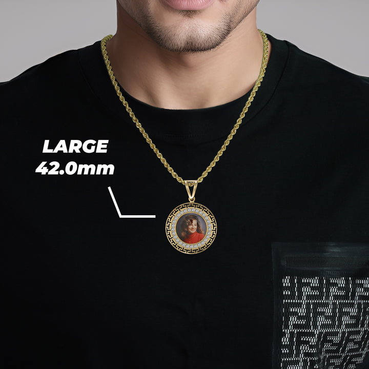 10k & 14k Gold Memorial Picture Greek Key CZ Round Pendant
