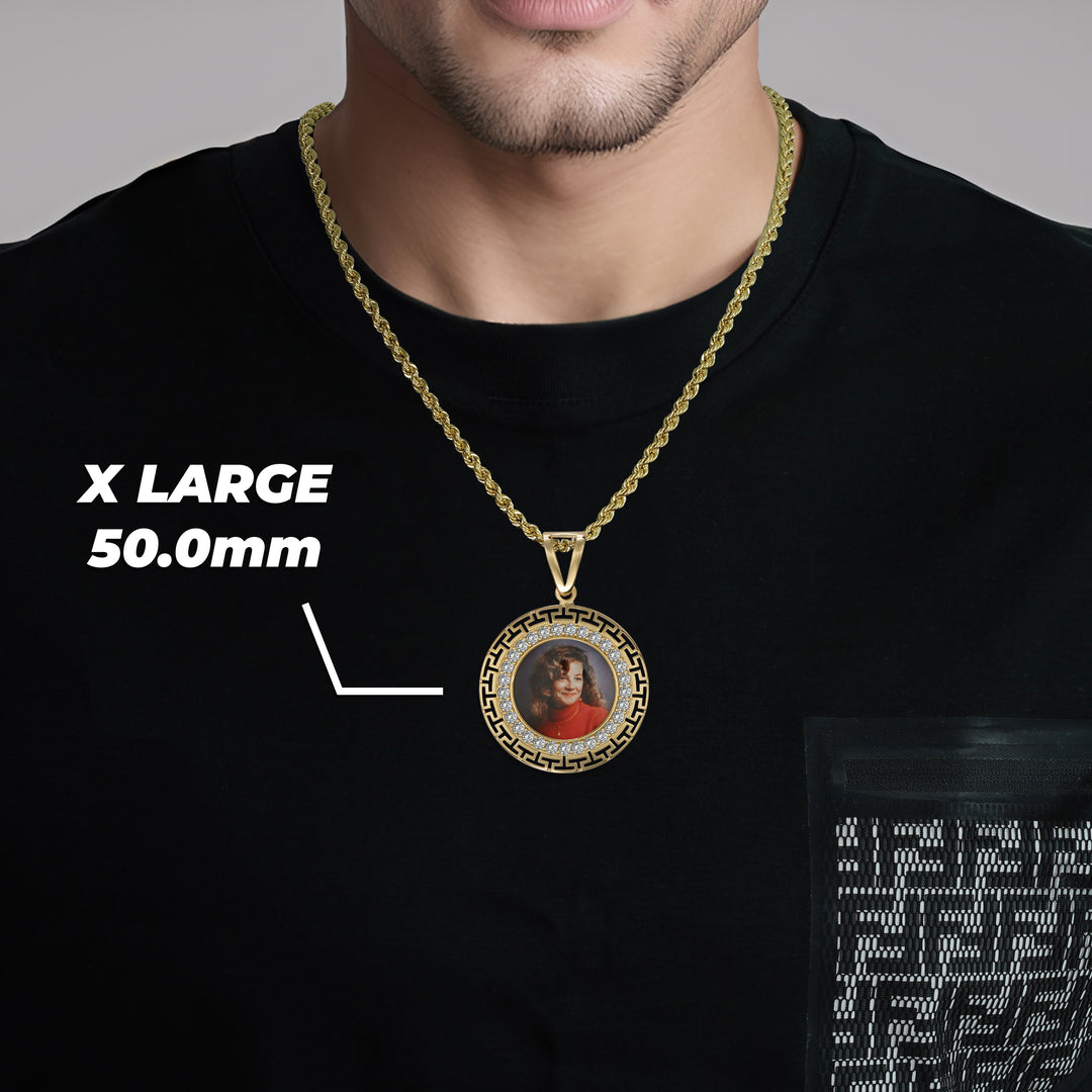 10k & 14k Gold Memorial Picture Greek Key CZ Round Pendant