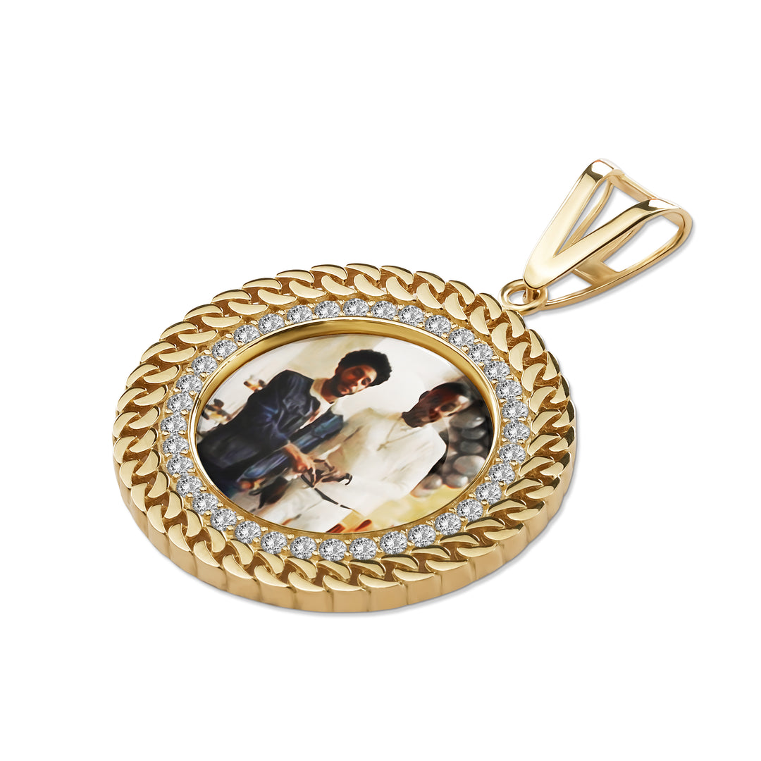10k Gold Memorial Picture Loui CZ Round Pendant