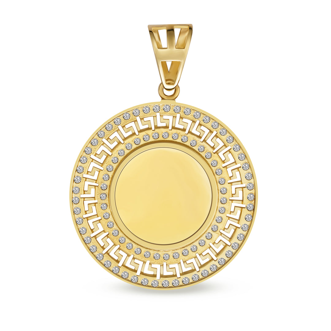 10k Gold Memorial Picture Fancy Greek Key CZ Round Pendant