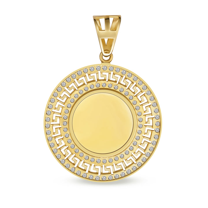 10k Gold Memorial Picture Fancy Greek Key CZ Round Pendant