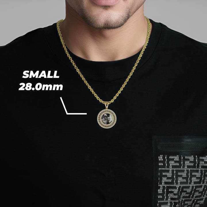 10k Gold Memorial Picture Fancy Greek Key CZ Round Pendant