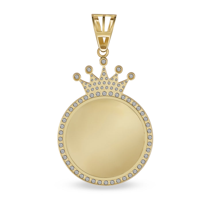 10k & 14k Gold Memorial Picture Classic CZ Crown Round Pendant