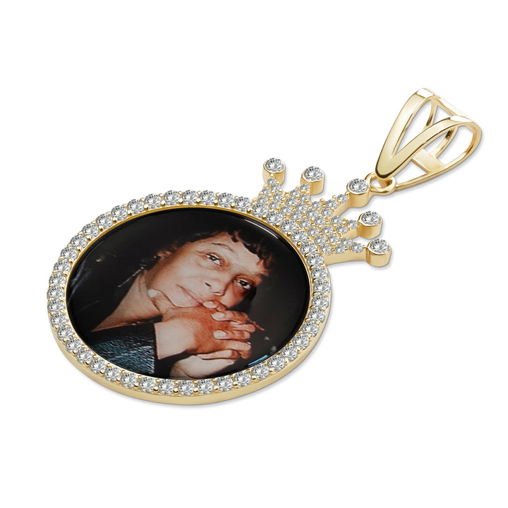 10k & 14k Gold Memorial Picture Classic CZ Crown Round Pendant