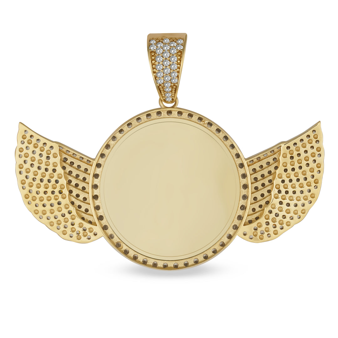 10k & 14k Gold Memorial Picture Classic CZ Angle Wing Round Pendant