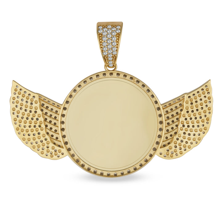 10k & 14k Gold Memorial Picture Classic CZ Angle Wing Round Pendant