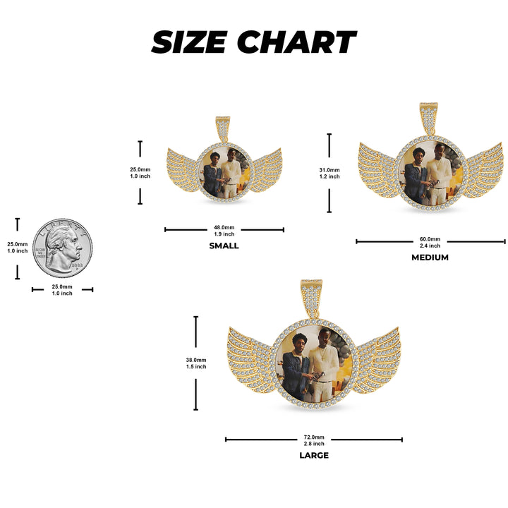 10k & 14k Gold Memorial Picture Classic CZ Angle Wing Round Pendant