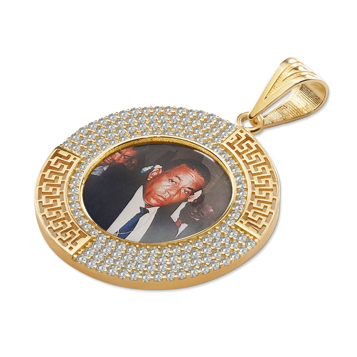10k Gold Memorial Picture Royce Greek Key CZ Round Pendant