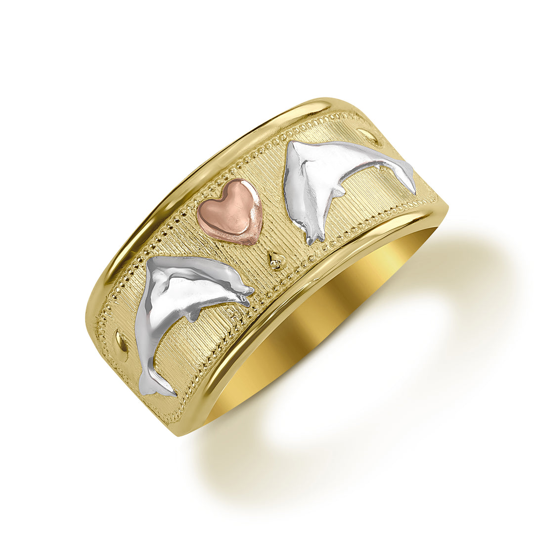 14k Gold Dolphin Tri-color Wide Band
