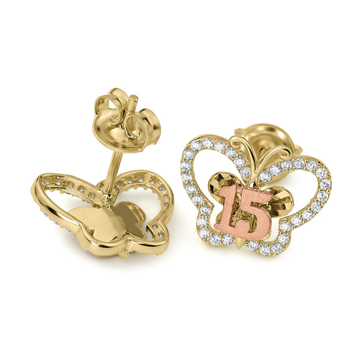 14k Gold Quinceanera Fancy Two-Tone Butterfly Stud Earrings