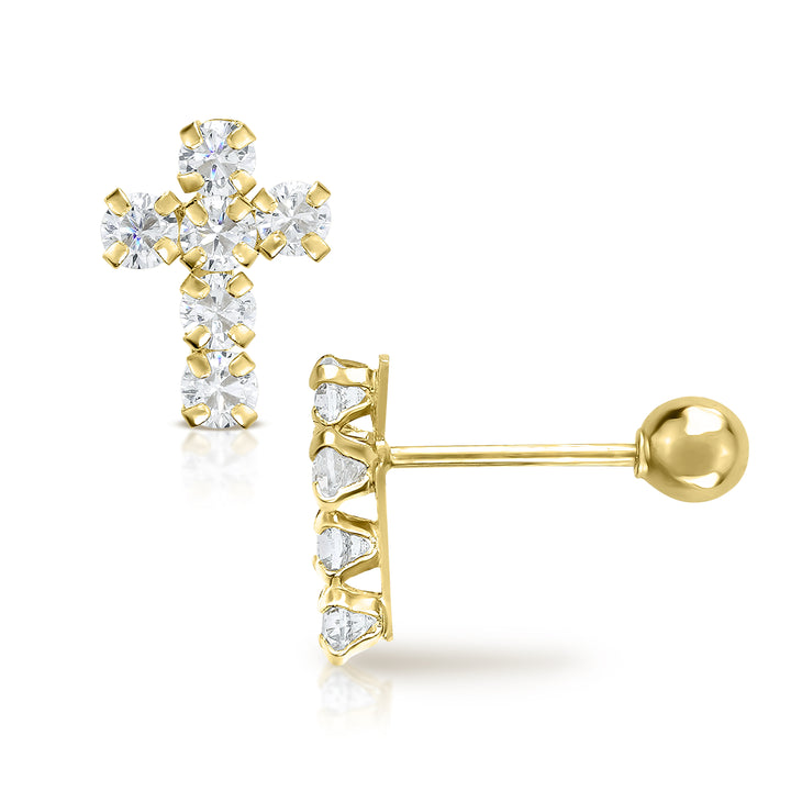 14k Gold Bling Cross CZ Mini Stud Earrings