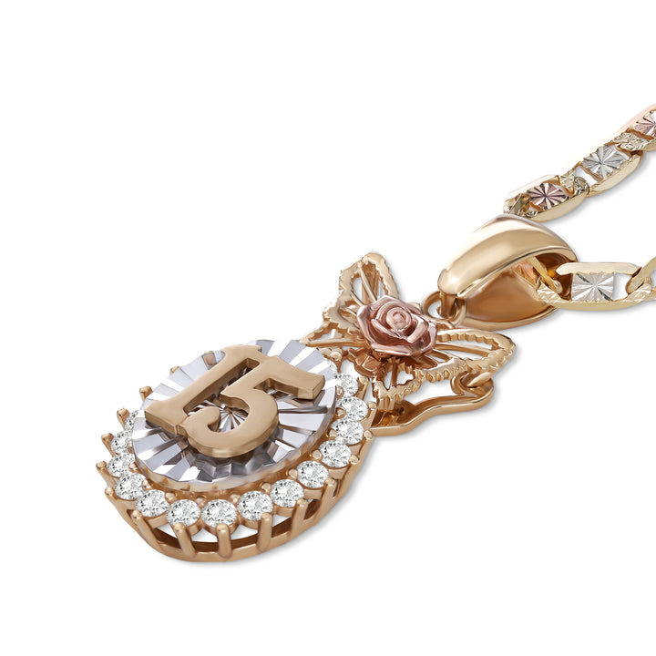 14k Gold Quinceanera Reis Tri-Color CZ Pendant