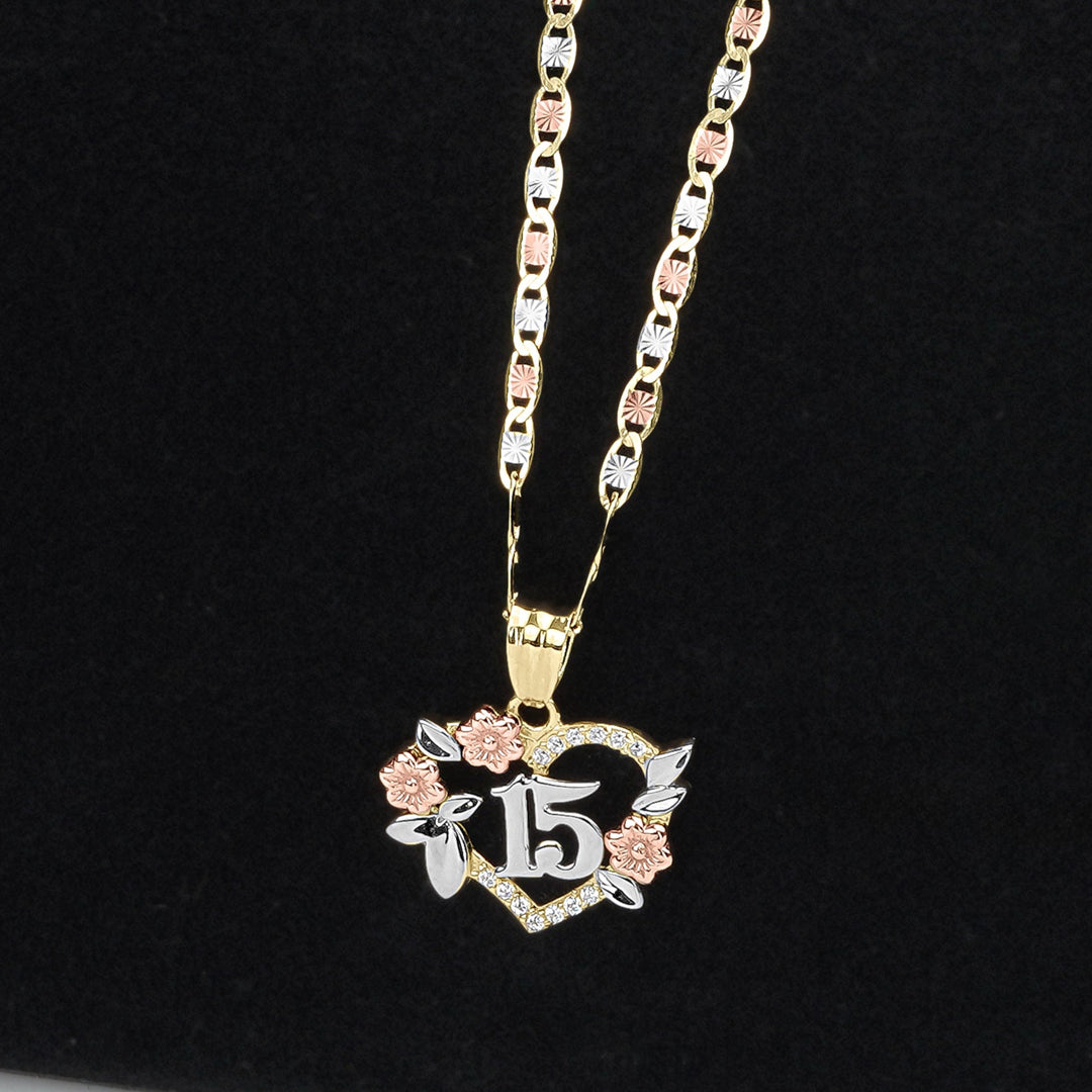 10k & 14k Gold Quinceanera Luxe Tri-Color Heart Pendant