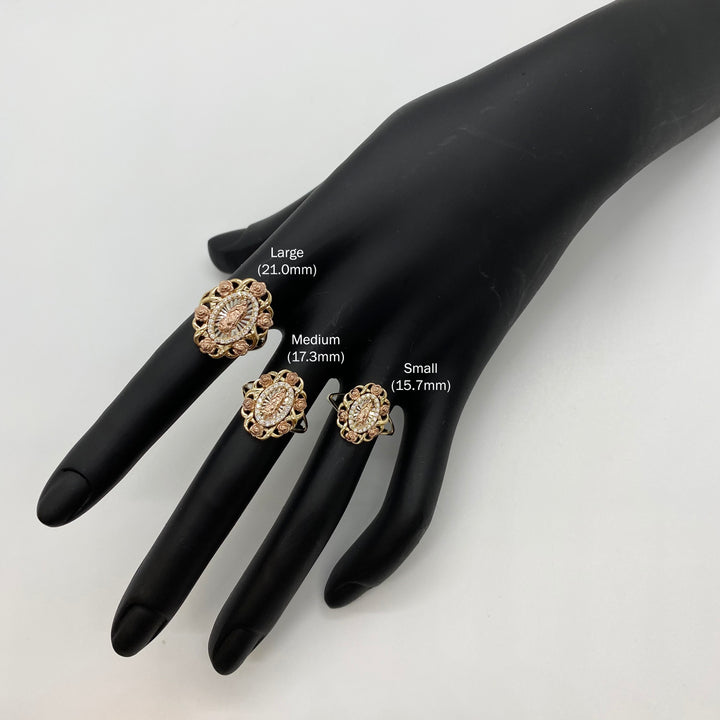 10k & 14k Gold Virgin Mary Guadalupe Bloom Rose Tri-Color Round Ring