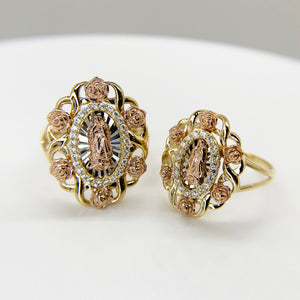 10k & 14k Gold Virgin Mary Guadalupe Bloom Rose Tri-Color Round Ring